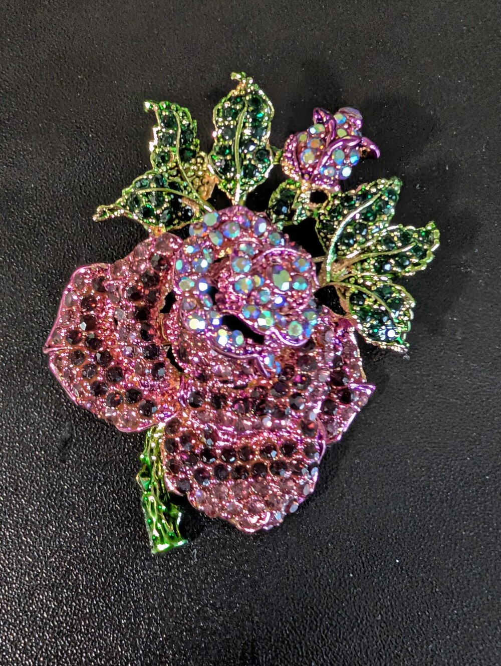 Crystal Rose Statement Brooch - Pink & Green